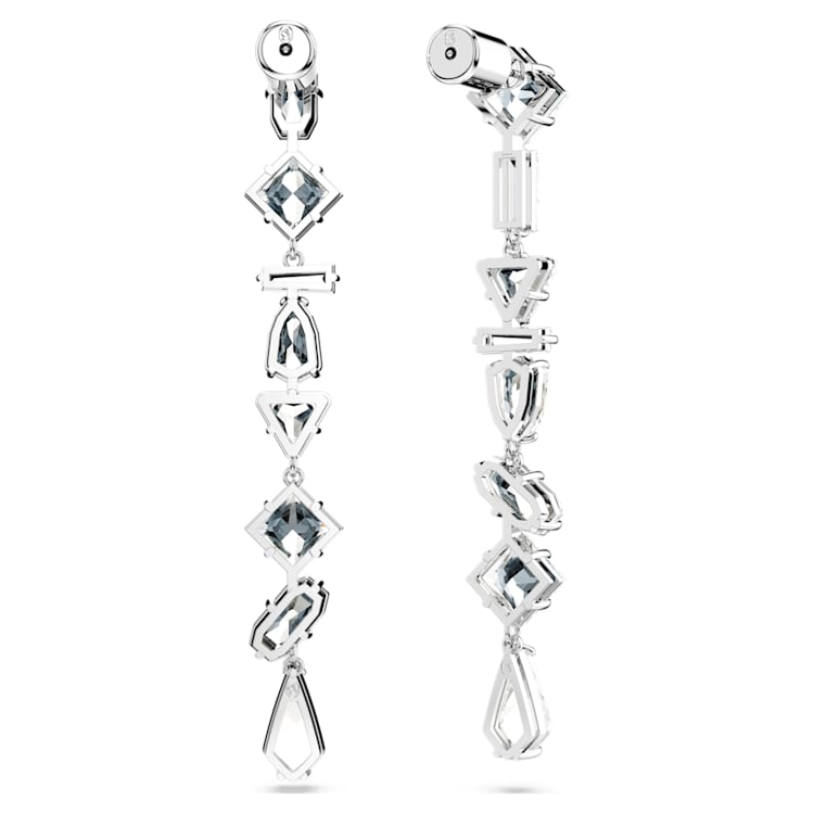 Mesmera drop earrings, Asymmetrical design, Mixed cuts, Long, White, Rhodium plated by SWAROVSKI