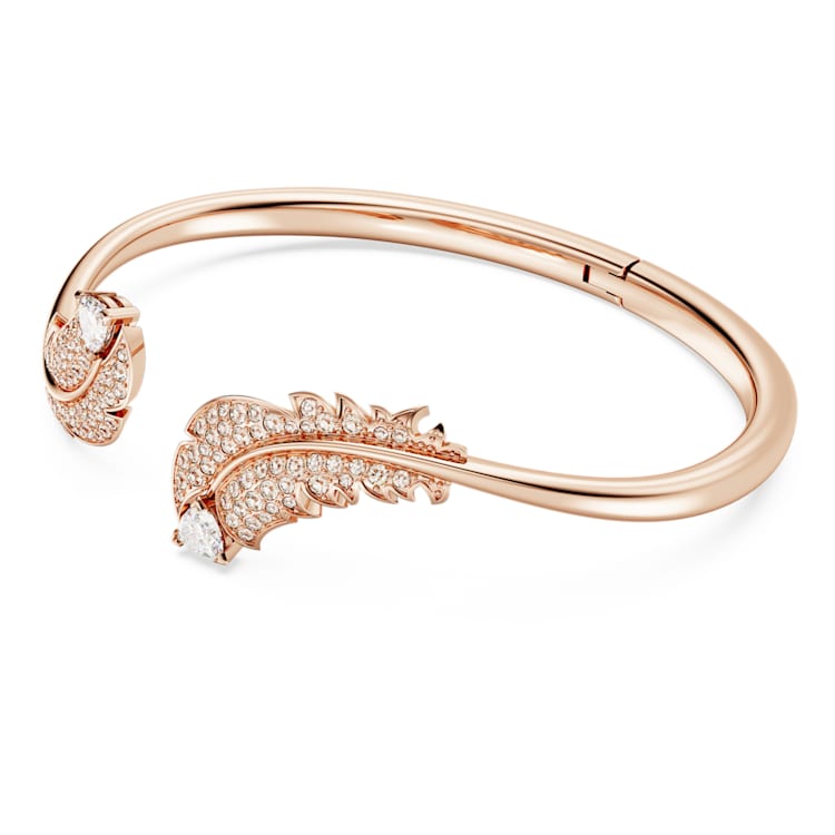 Idyllia bangle, Feather, White, Rose gold-tone plated by SWAROVSKI