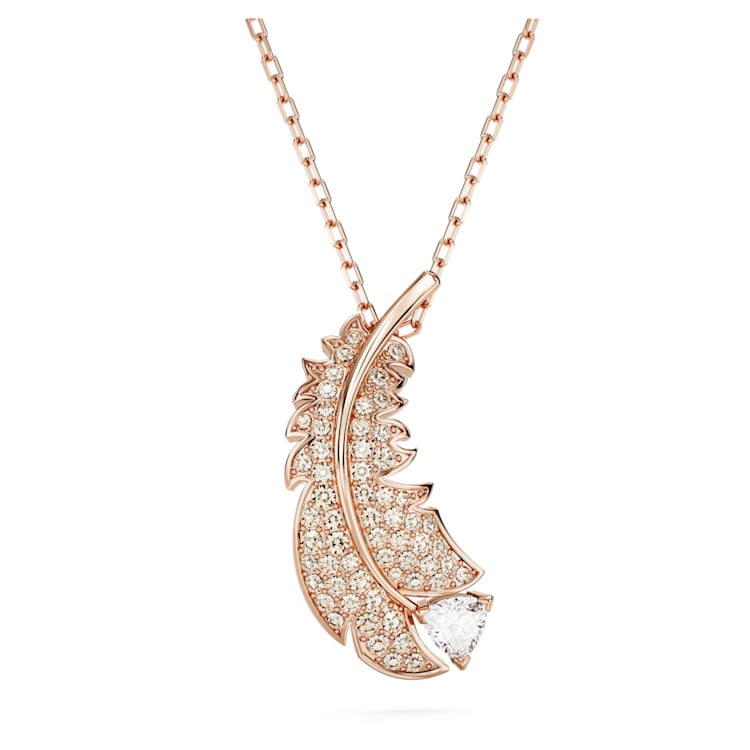 Idyllia pendant, Feather, White, Rose gold-tone plated by SWAROVSKI