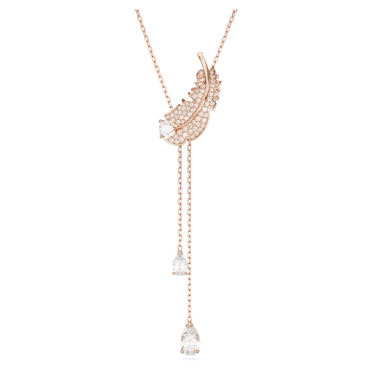 Idyllia Y pendant, Feather, White, Rose gold-tone plated by SWAROVSKI