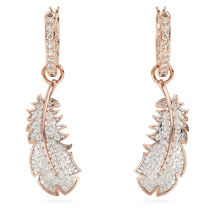 Idyllia drop earrings, Feather, White, Rose gold-tone plated by SWAROVSKI