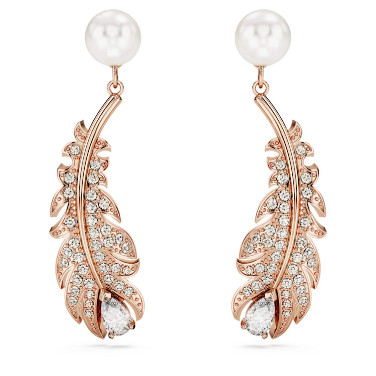 Idyllia drop earrings, Crystal pearl, Mixed cuts, Feather, White, Rose gold-tone plated by SWAROVSKI