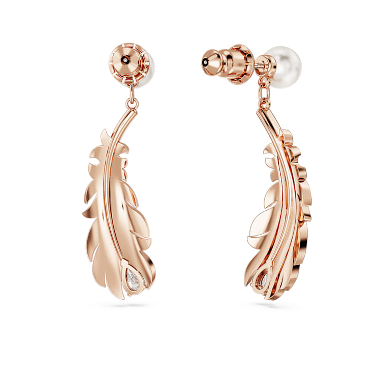 Idyllia drop earrings, Crystal pearl, Mixed cuts, Feather, White, Rose gold-tone plated by SWAROVSKI