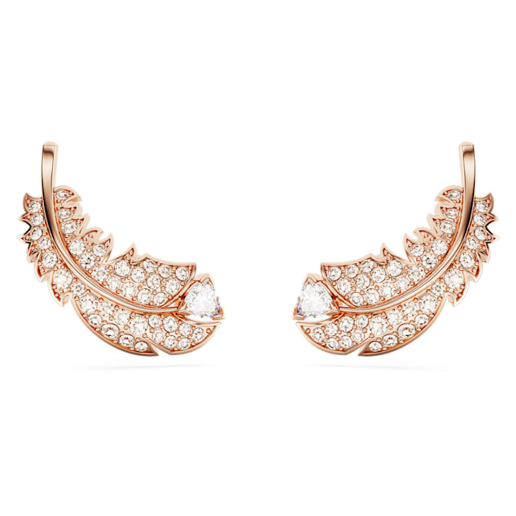 Idyllia stud earrings, Feather, White, Rose gold-tone plated by SWAROVSKI