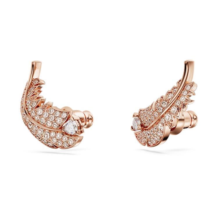 Idyllia stud earrings, Feather, White, Rose gold-tone plated by SWAROVSKI