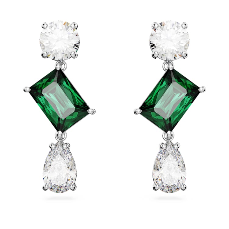 Mesmera drop earrings, Mixed cuts, Green, Rhodium plated by SWAROVSKI