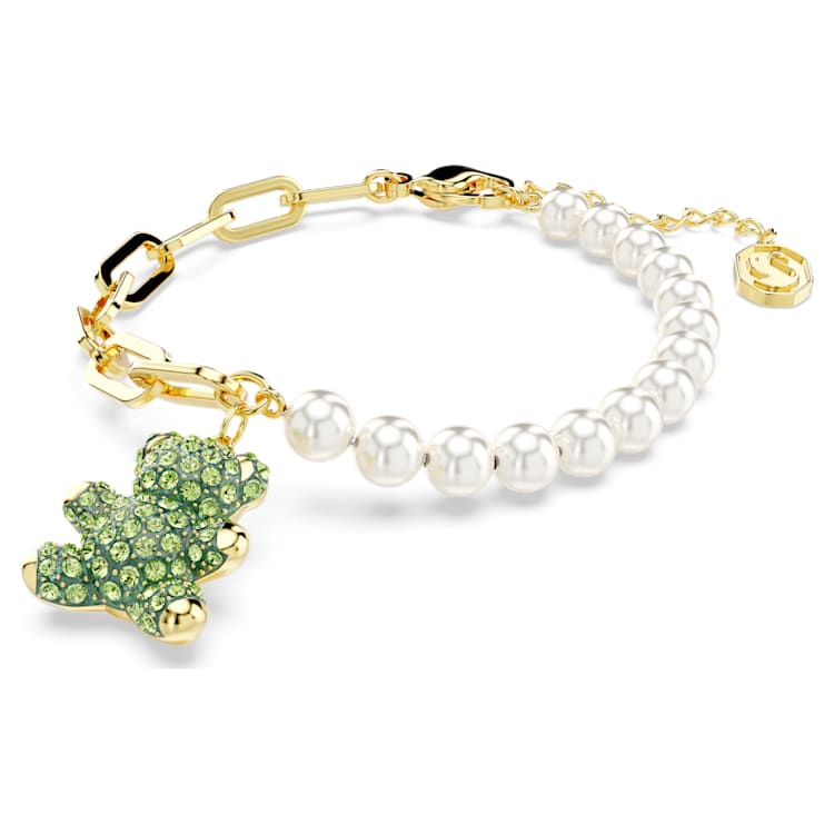 Teddy bracelet, Crystal pearl, Bear, Green, Gold-tone plated by SWAROVSKI