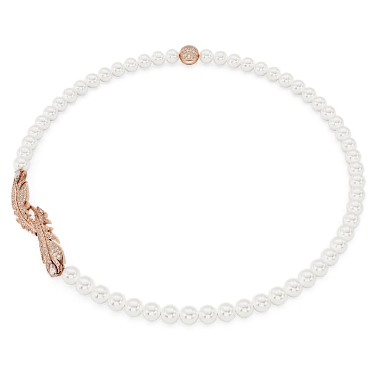 Idyllia necklace, Crystal pearl, Magnetic closure, Feather, White, Rose gold-tone plated by SWAROVSKI