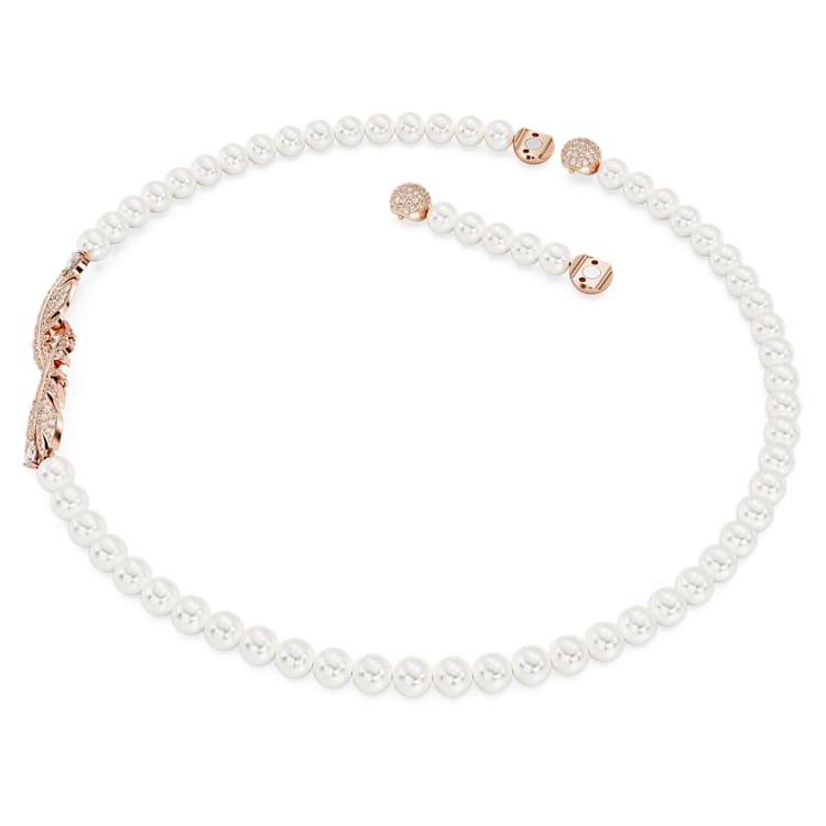 Idyllia necklace, Crystal pearl, Magnetic closure, Feather, White, Rose gold-tone plated by SWAROVSKI