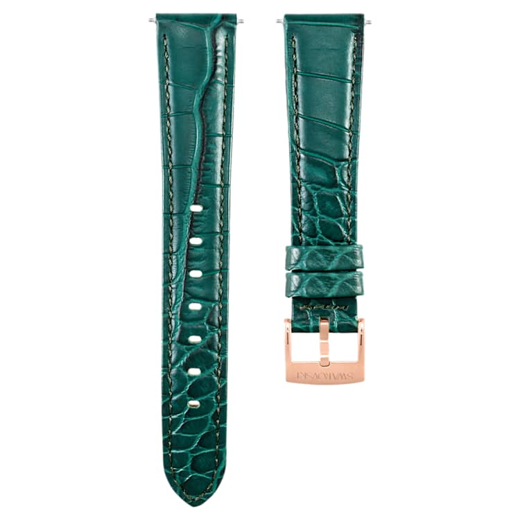 Watch strap, 17 mm (0.67") width, Leather with stitching, Green, Rose gold-tone finish by SWAROVSKI