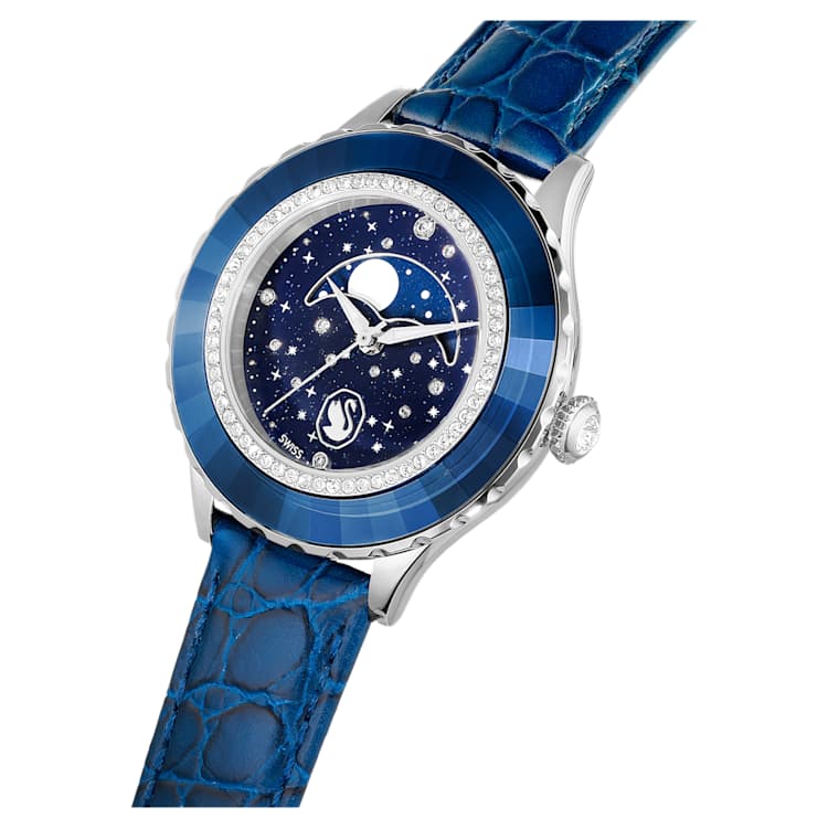 Octea Moon watch, Swiss Made, Moon, Leather strap, Blue, Stainless steel by SWAROVSKI