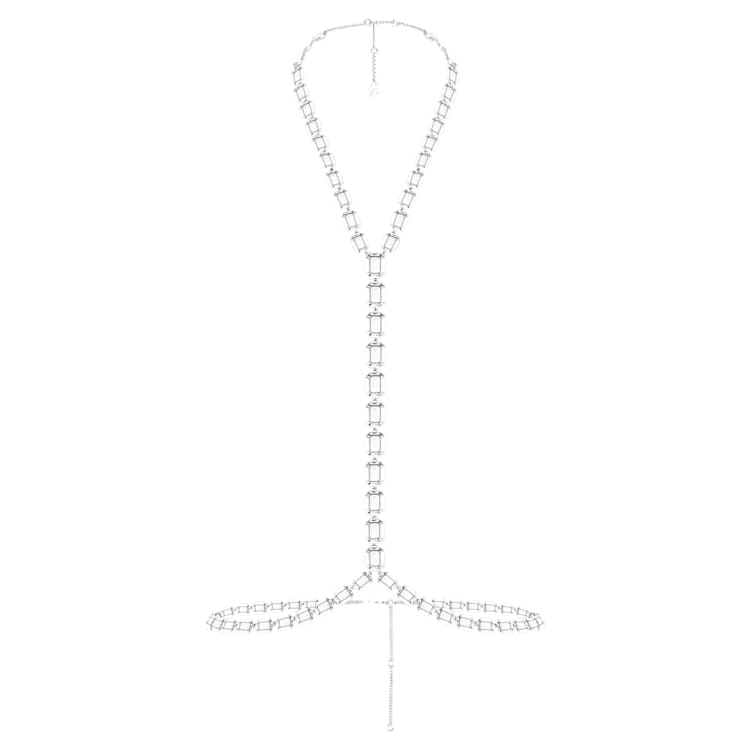 Swarovski x SKIMS body chain, Octagon cut, Y-shape, White, Rhodium plated by SWAROVSKI