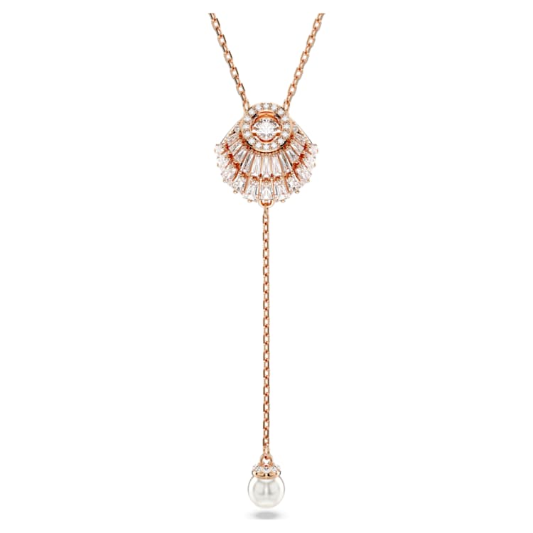 Idyllia Y pendant, Crystal pearl, Shell, White, Rose gold-tone plated by SWAROVSKI