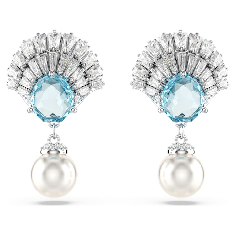 Idyllia drop earrings, Crystal pearl, Shell, Blue, Rhodium plated by SWAROVSKI