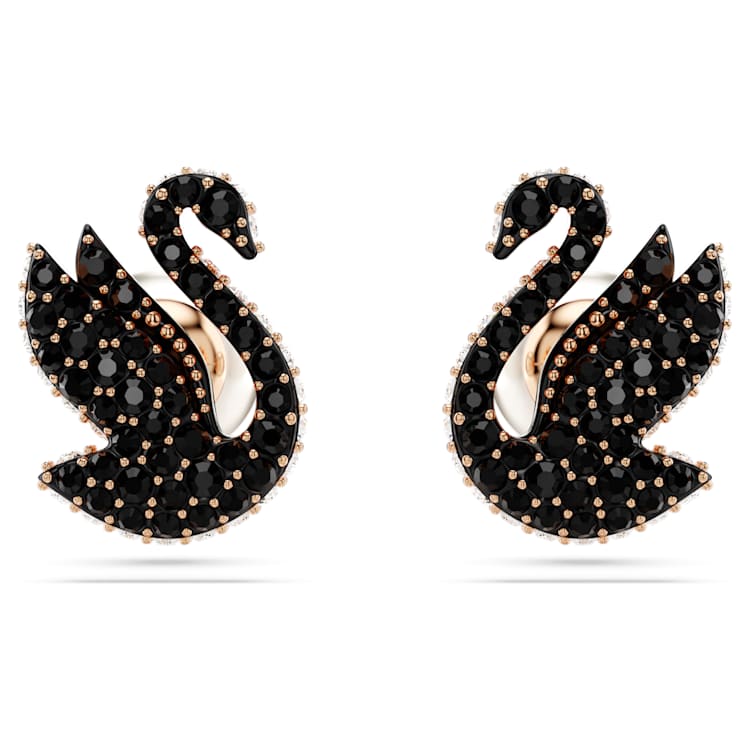 Swarovski Swan stud earrings, Crystal pearl, Swan, Black, Rose gold-tone plated by SWAROVSKI