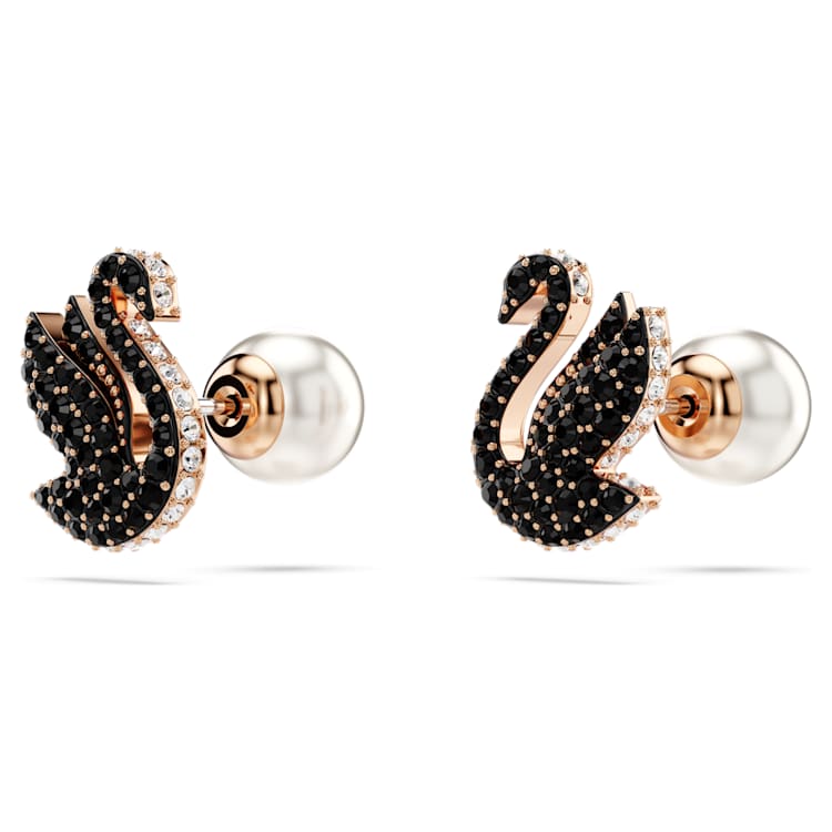 Swarovski Swan stud earrings, Crystal pearl, Swan, Black, Rose gold-tone plated by SWAROVSKI