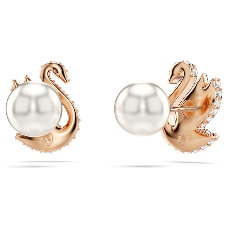 Swarovski Swan stud earrings, Crystal pearl, Swan, Black, Rose gold-tone plated by SWAROVSKI