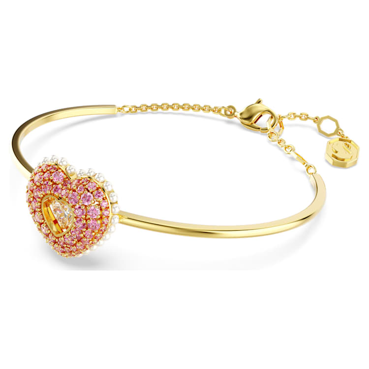 Idyllia bangle, Crystal pearl, Heart, Pink, Gold-tone plated by SWAROVSKI