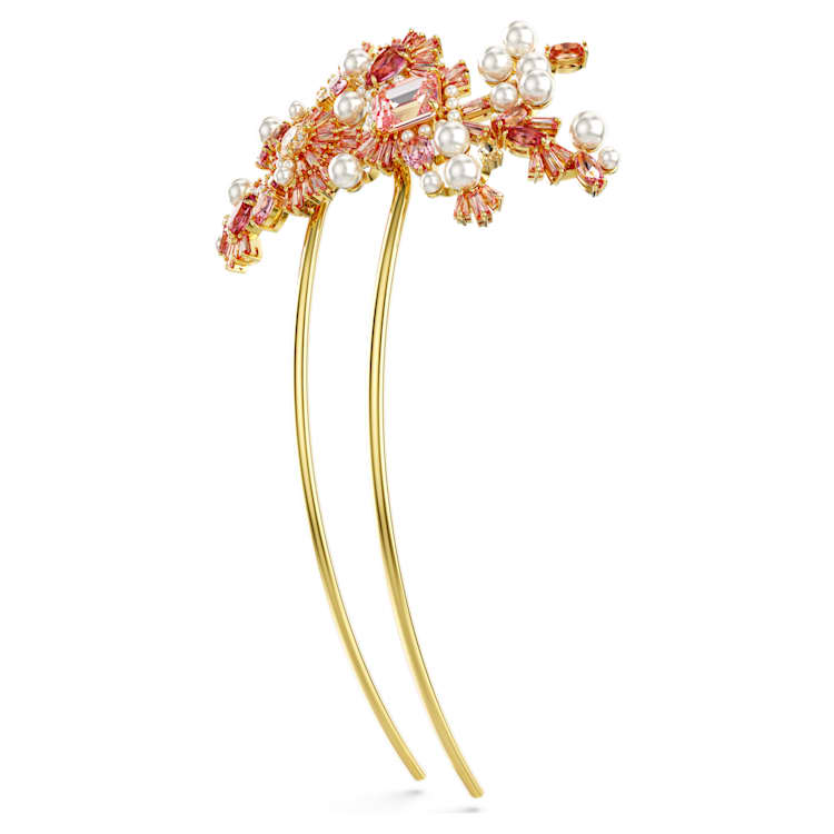 Gema hair clip, Crystal pearl, Mixed cuts, Flower, Pink, Gold-tone plated by SWAROVSKI