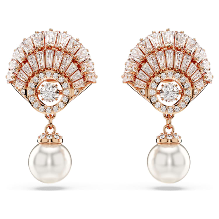 Idyllia drop earrings, Crystal pearl, Shell, White, Rose gold-tone plated by SWAROVSKI