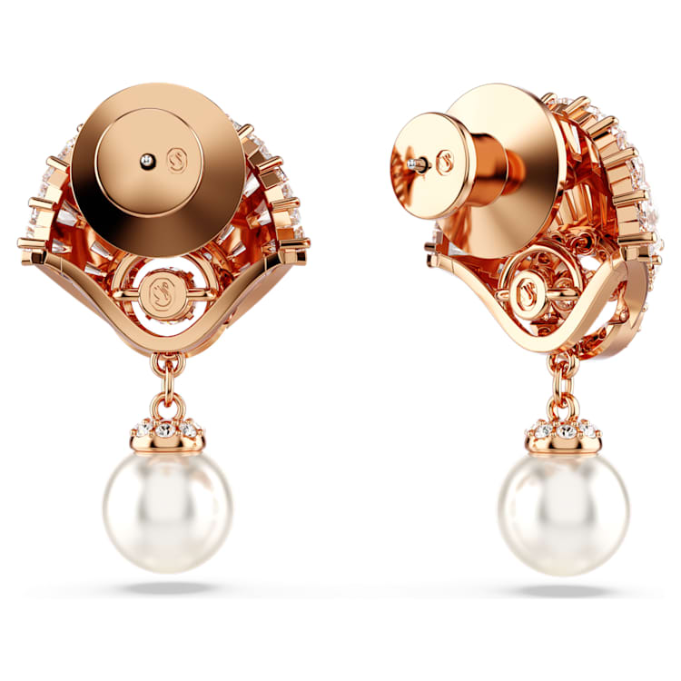 Idyllia drop earrings, Crystal pearl, Shell, White, Rose gold-tone plated by SWAROVSKI