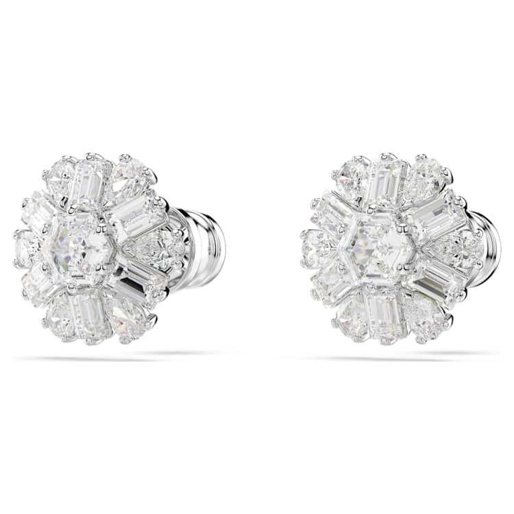 Idyllia stud earrings, Mixed cuts, Snowflake, White, Rhodium plated by SWAROVSKI