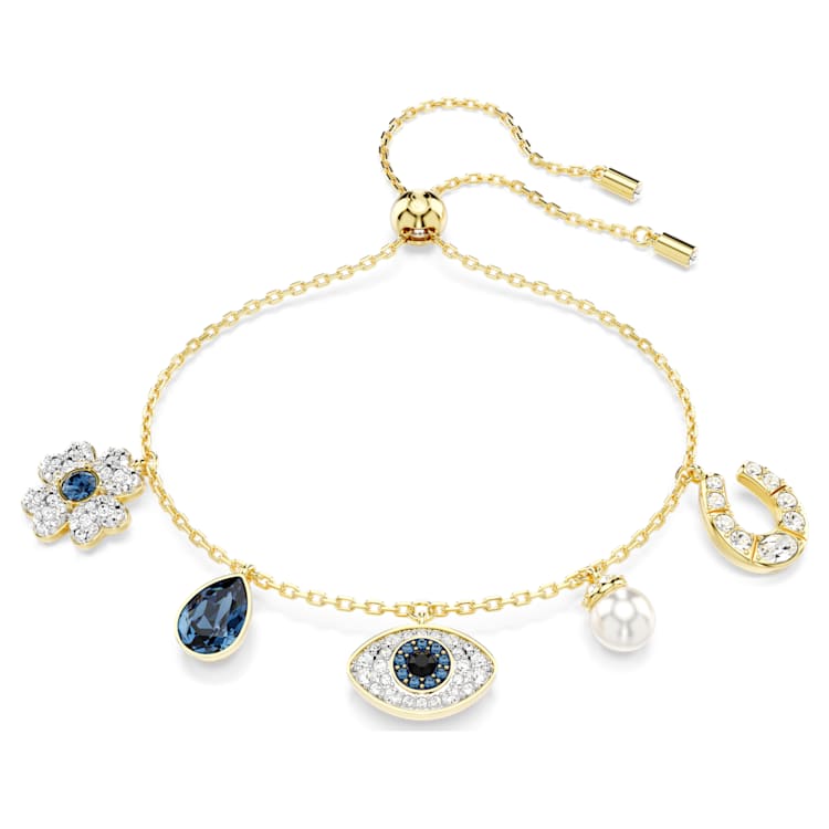 Symbolica bracelet, Crystal pearl, Clover, evil eye and horseshoe, Blue, Gold-tone plated by SWAROVSKI