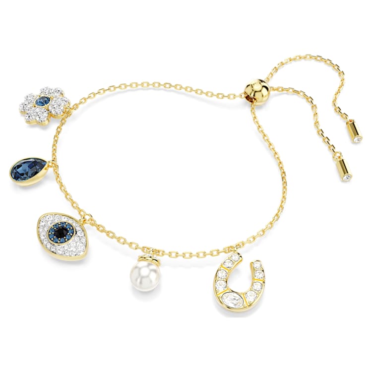 Symbolica bracelet, Crystal pearl, Clover, evil eye and horseshoe, Blue, Gold-tone plated by SWAROVSKI