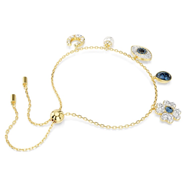 Symbolica bracelet, Crystal pearl, Clover, evil eye and horseshoe, Blue, Gold-tone plated by SWAROVSKI