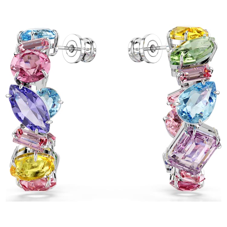 Gema hoop earrings, Asymmetrical design, Mixed cuts, Small, Multicoloured, Rhodium plated by SWAROVSKI