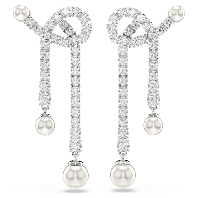 Matrix drop earrings, Crystal pearl, Round cut, White, Rhodium plated by SWAROVSKI