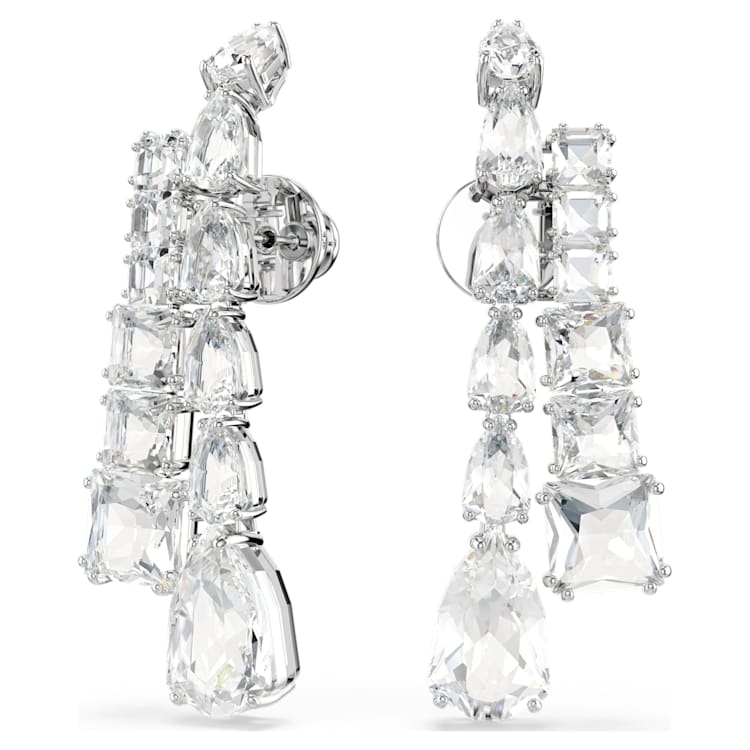 Matrix drop earrings, Mixed cuts, White, Rhodium plated by SWAROVSKI