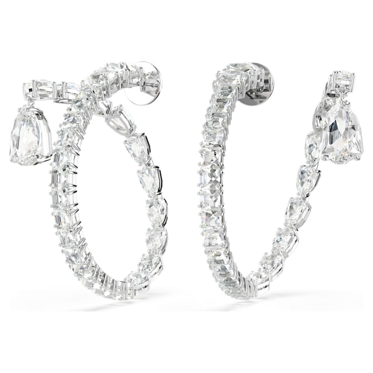 Matrix hoop earrings, Mixed cuts, White, Rhodium plated by SWAROVSKI