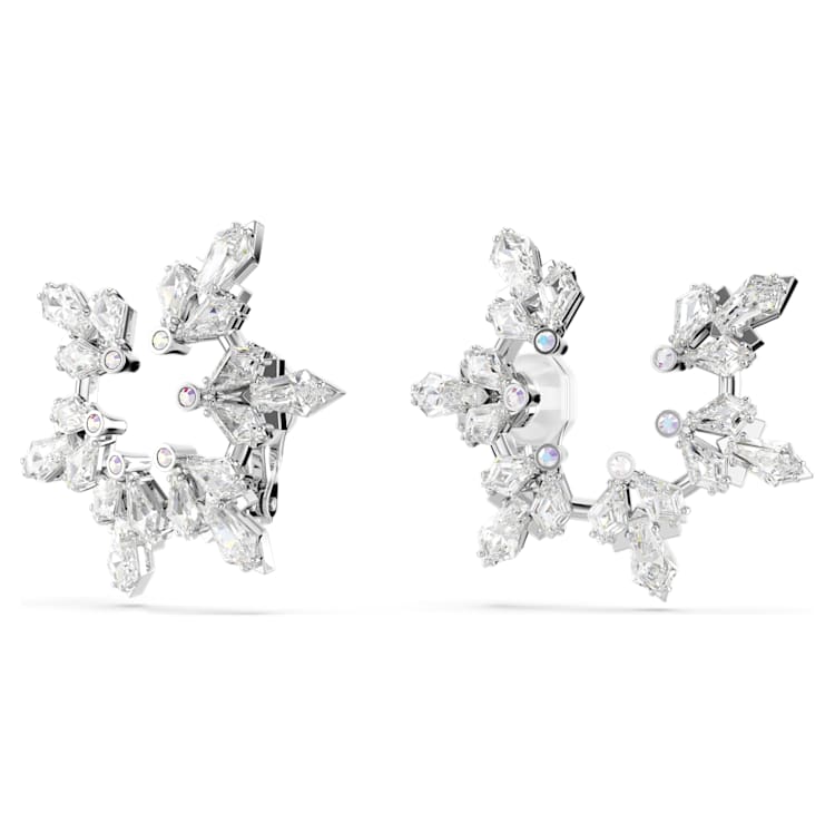 Idyllia clip earrings, Mixed cuts, Snowflake, White, Rhodium plated by SWAROVSKI