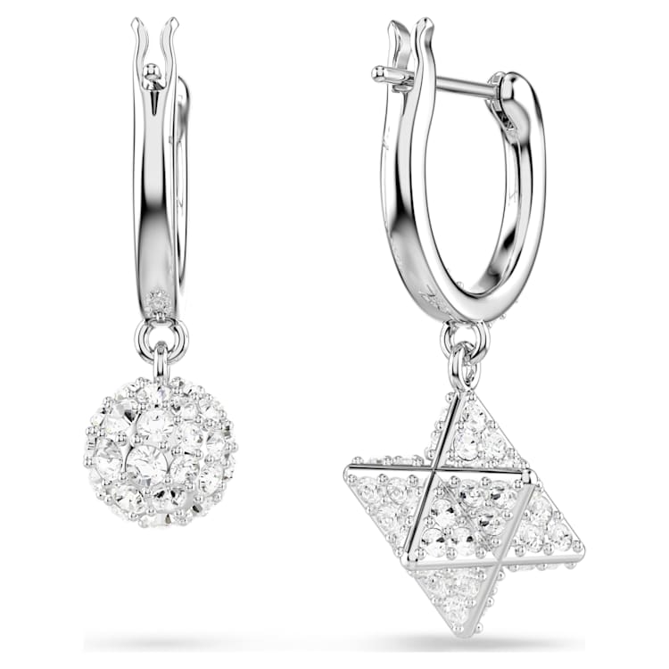 Dextera drop earrings, Asymmetrical design, Round cut, Star and sphere, White, Rhodium plated by SWAROVSKI