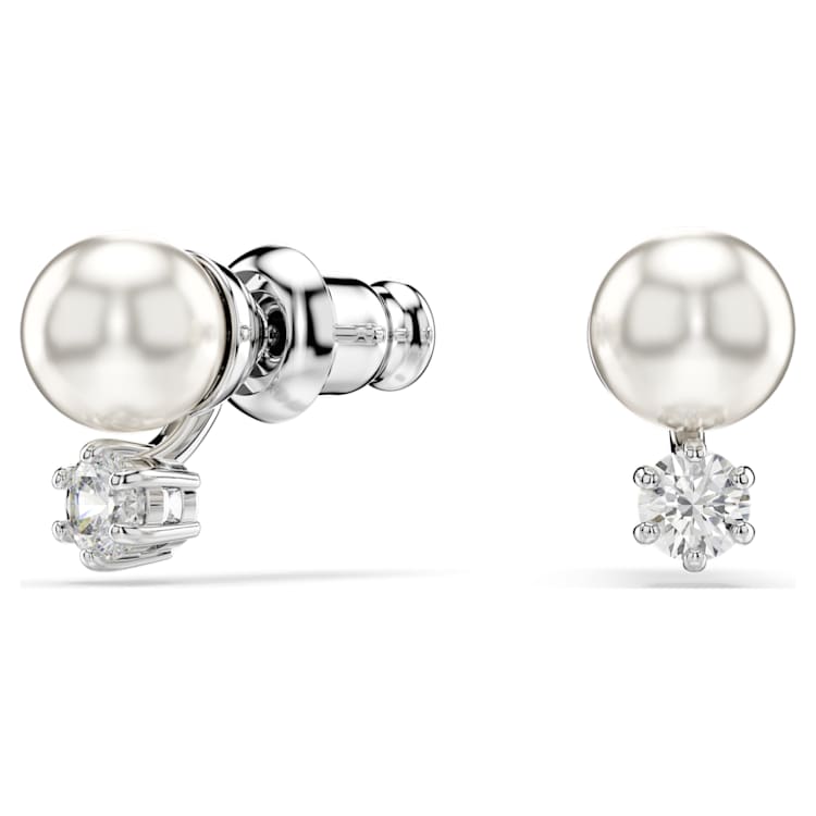 Matrix stud earrings, Crystal pearl, Round cut, White, Rhodium plated by SWAROVSKI