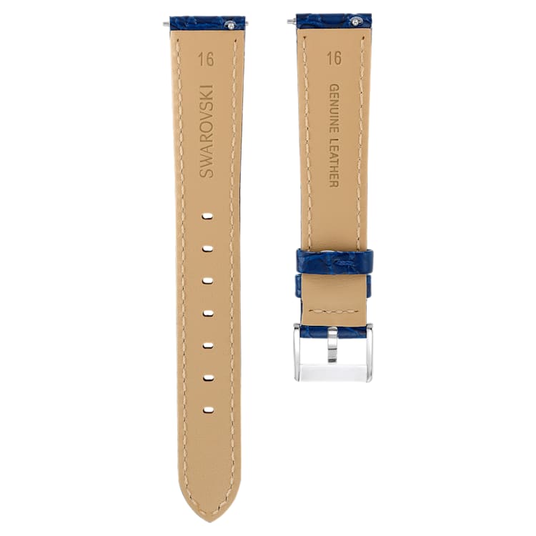 Watch strap, 16 mm (0.63") width, Leather with stitching, Blue, Stainless steel by SWAROVSKI