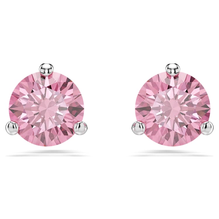 Solitaire stud earrings, Round cut, Pink, Rhodium plated by SWAROVSKI