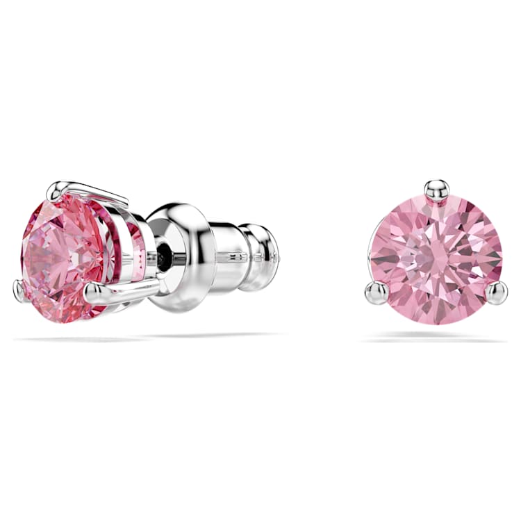 Solitaire stud earrings, Round cut, Pink, Rhodium plated by SWAROVSKI