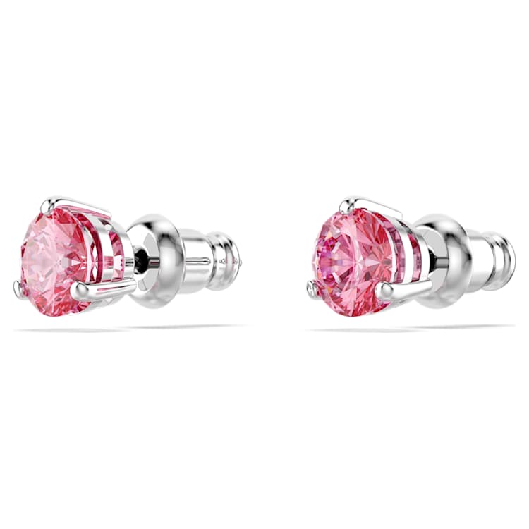 Solitaire stud earrings, Round cut, Pink, Rhodium plated by SWAROVSKI