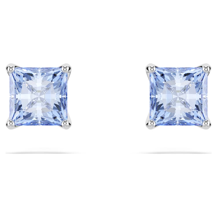 Matrix stud earrings, Square cut, Blue, Rhodium plated by SWAROVSKI