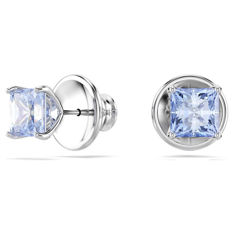 Matrix stud earrings, Square cut, Blue, Rhodium plated by SWAROVSKI