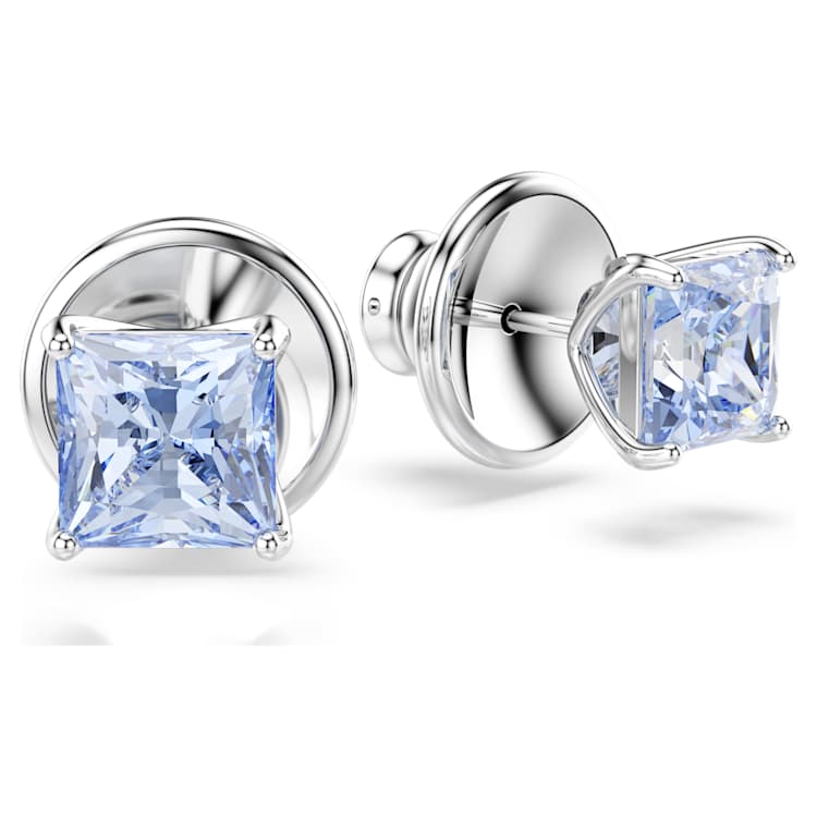 Matrix stud earrings, Square cut, Blue, Rhodium plated by SWAROVSKI