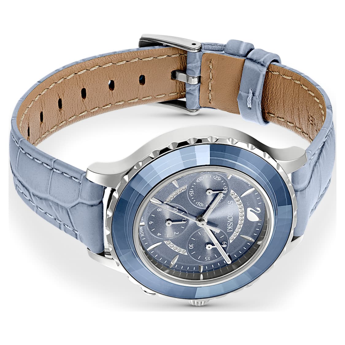 Octea lux chrono watch, Swiss Made, Leather strap, Blue, Stainless steel by SWAROVSKI
