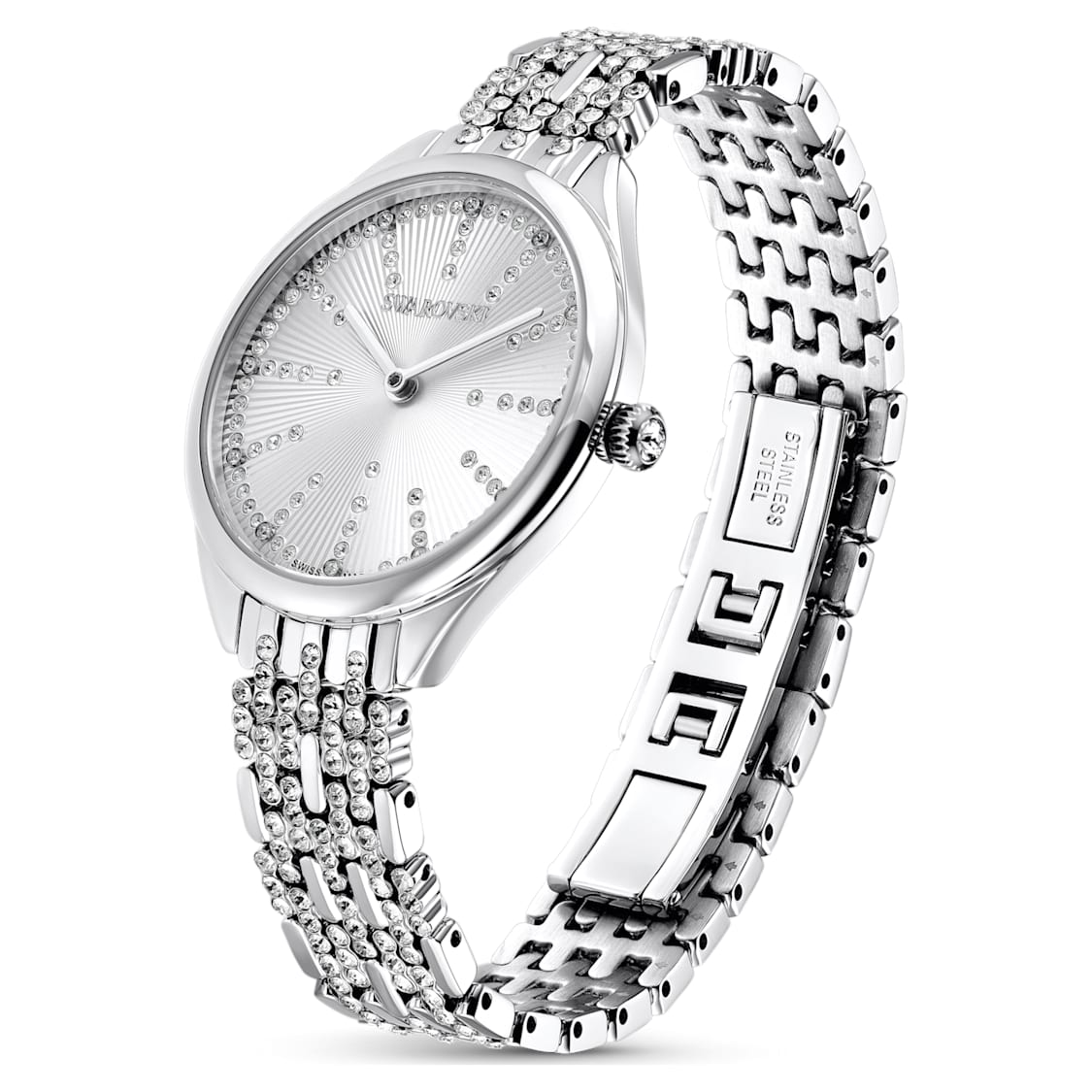 Attract watch, Swiss Made, Pavé, Metal bracelet, Silver Tone, Stainless steel by SWAROVSKI