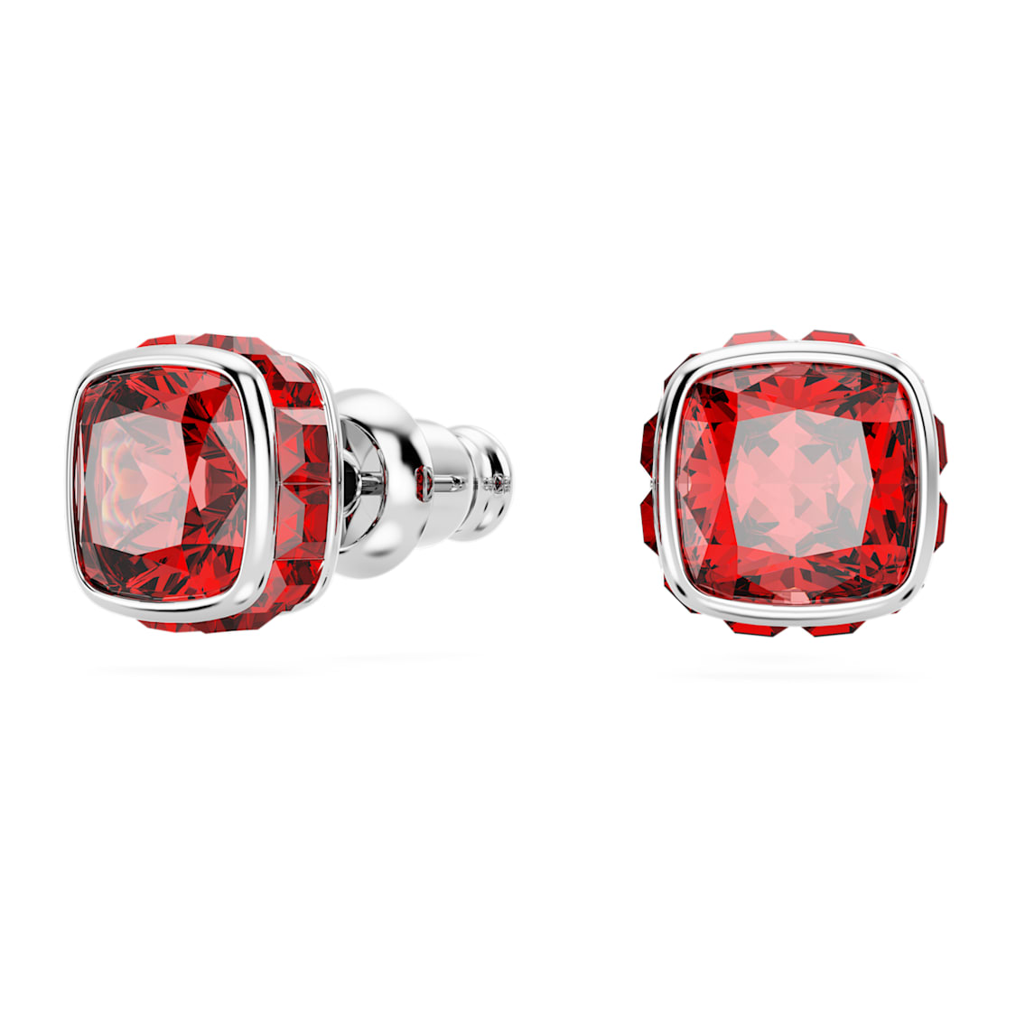 Birthstone stud earrings, Square cut, July, Red, Rhodium plated by SWAROVSKI