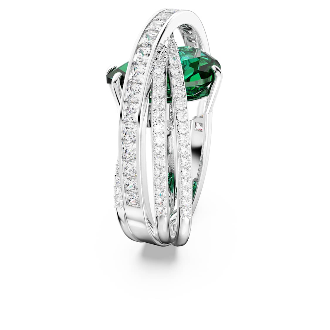 Hyperbola cocktail ring, Mixed cuts, Four bands, Green, Rhodium plated by SWAROVSKI