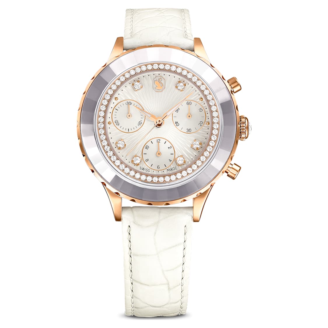 Octea chrono watch, Swiss Made, Leather strap, White, Rose gold-tone finish by SWAROVSKI