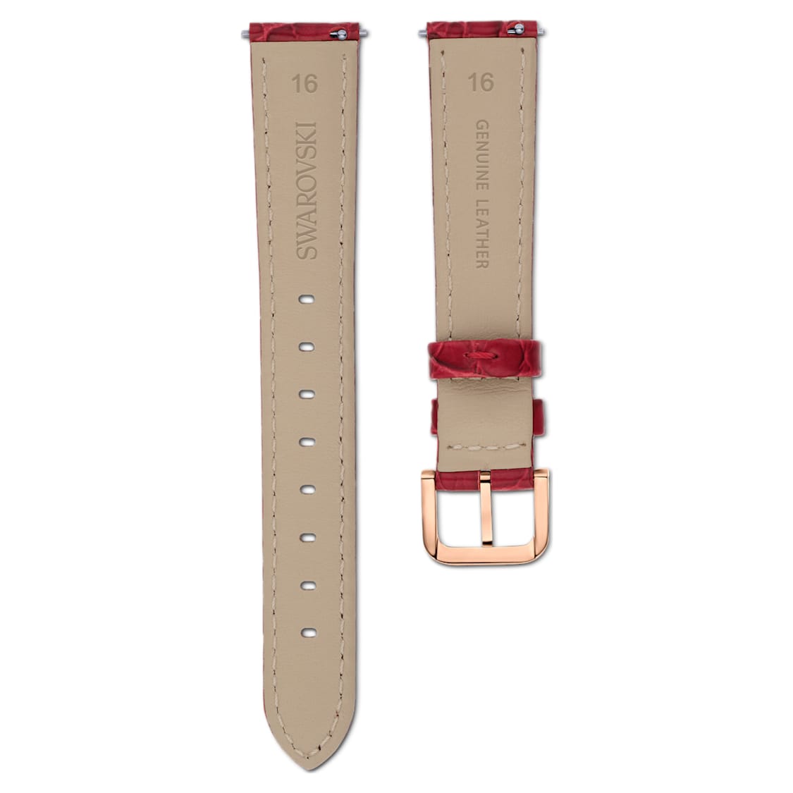 Watch strap, 16 mm (0.63") width, Leather with stitching, Red, Rose gold-tone finish by SWAROVSKI