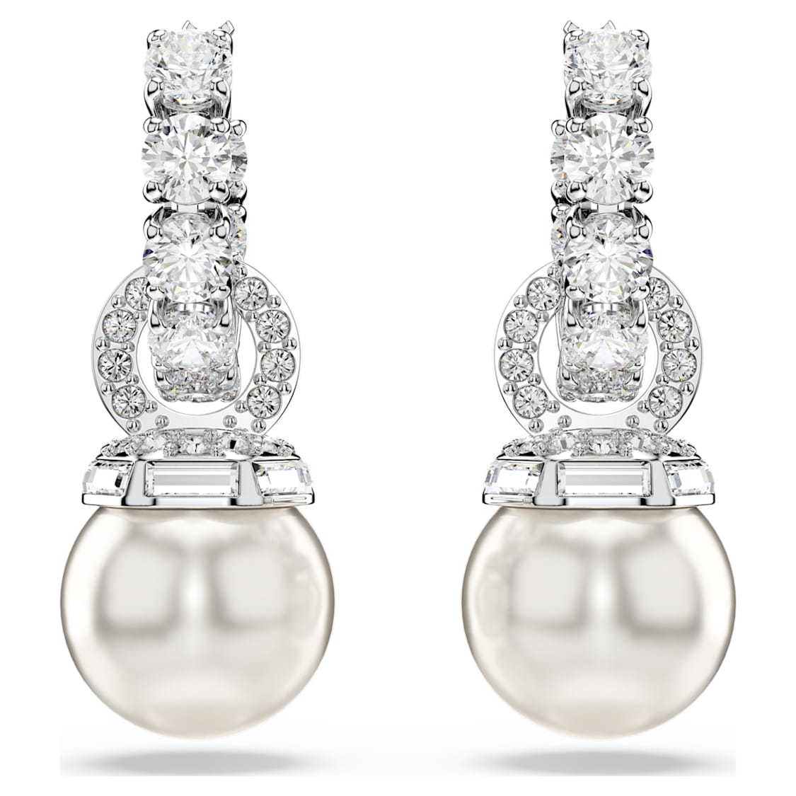 Matrix drop earrings, Crystal pearl, Round cut, White